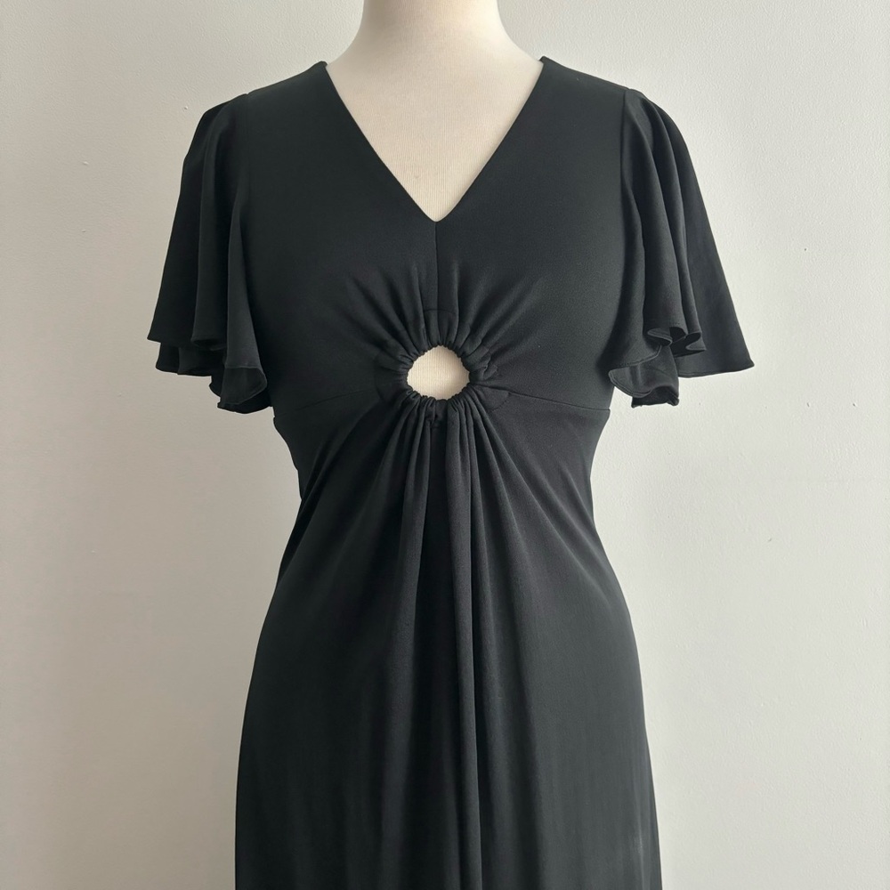 Vintage 70s Black Keyhole Flutter Sleeve Maxi Dress 38